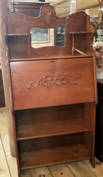 Beautiful Dropfront Tiger Oak Larkin Desk with mirror, pigeon holes, and two shelf bookcase with working lock and key. $375