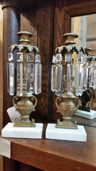 Pair of 19th century antique brass candle holders with crystal prisms and marble bases
