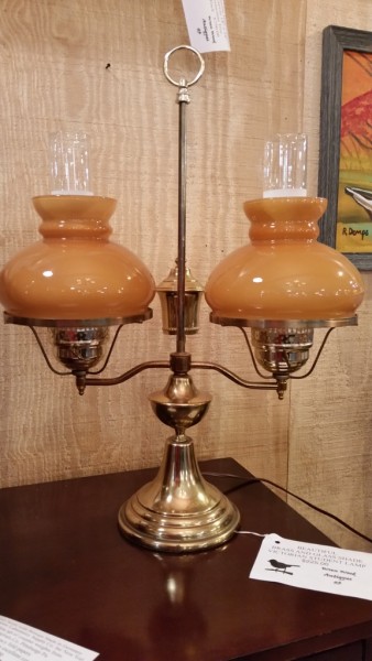 Victorian student lamp brass with butterscotch glass shades 