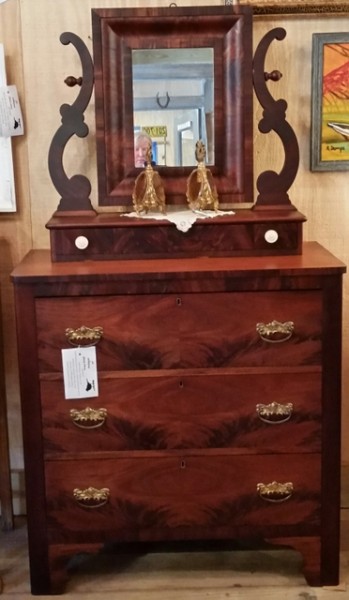 Antique American Empire 3 drawer dresser with shaving mirror on a accessory box with carved bone drawer pulls, all in flame mahogany.