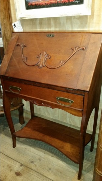 Late 19th century maple fall front ladies desk with one drawer fitted interior and original hardware 