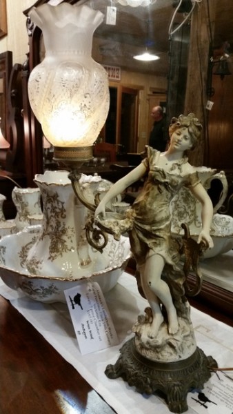 Art Nouveau spelter figural lamp, Gypsy Musician with tambourine and harp. L. & F. Moreau signature and impressed French mark on base, with original embossed ruffle shade and etching. $350.00