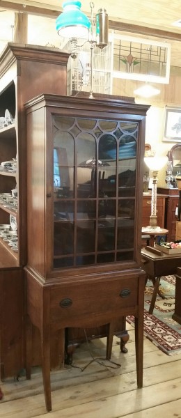 Custom mahogany Hepplewhite style cabinet. Glass door with ornamental mullions two shelves and 1 drawer great size for almost any room